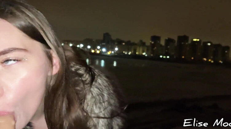 Русская девушка в шубе делает минет на улице на сильном морозе