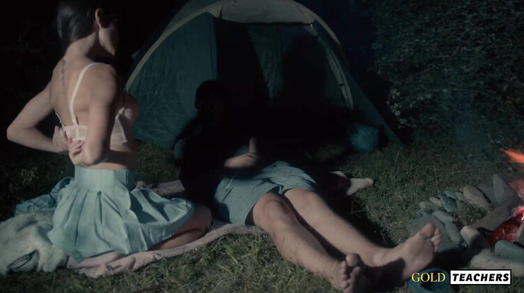 Романтический секс студентов у ночного костра в летнем лагере